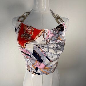 Akira Satin Scarf Nautical Print Halter Crop Top Tie Back Y2K Small